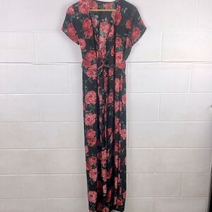 Olivaceous floral short sleeve wrap dress